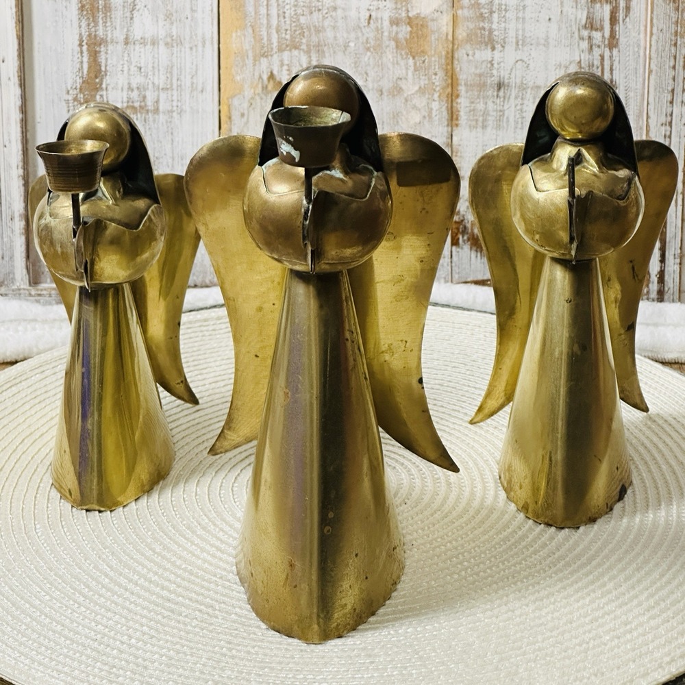 3 Vintage Holiday MCM Brass & Copper Angel Candle Holders Christmas